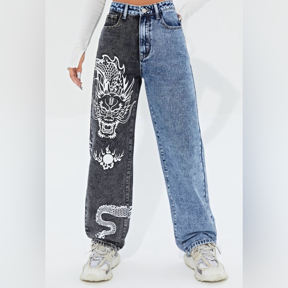 Blue and Grey Dragon print Jeans Shein